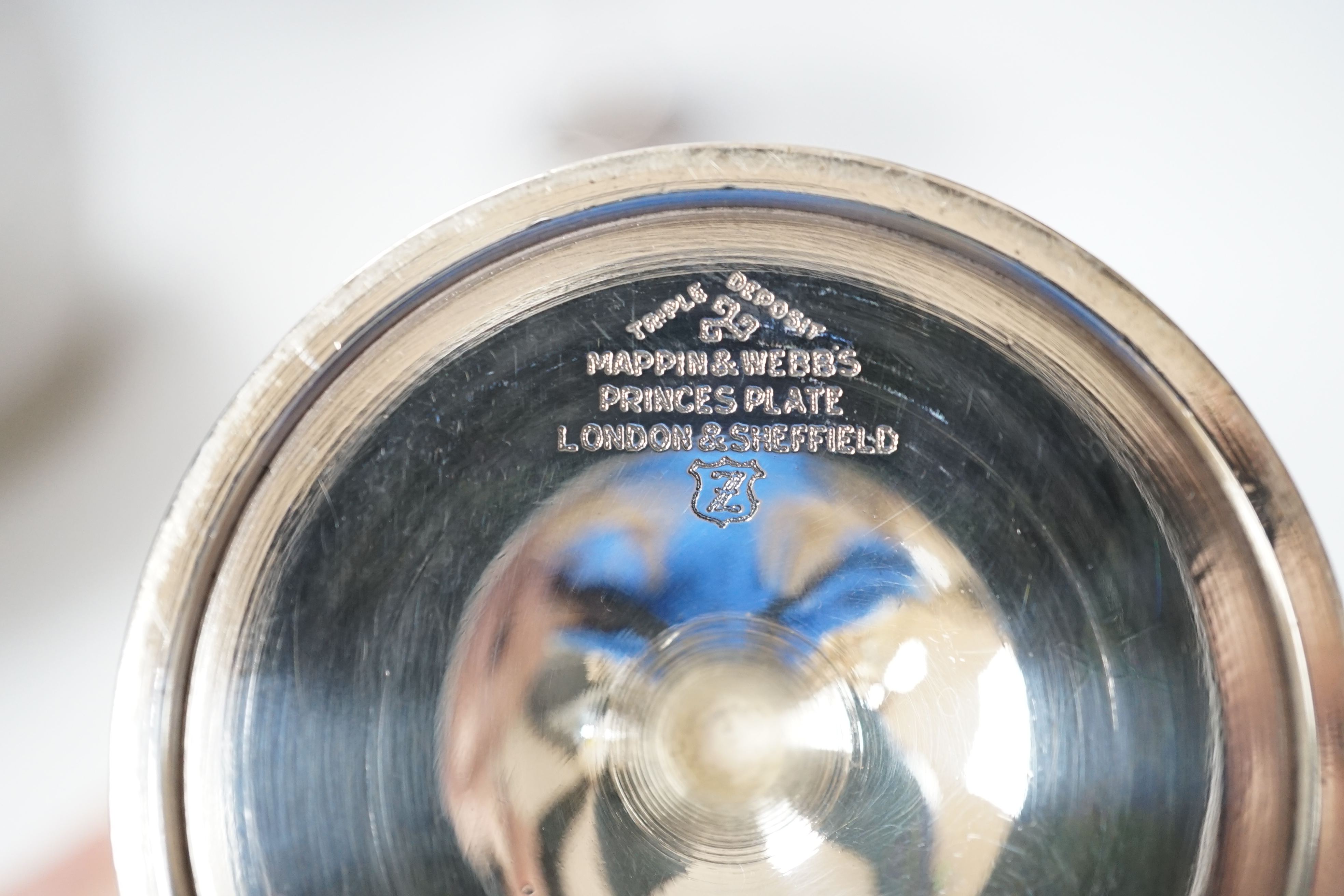 A vintage frosted glass 'BISCUIT' barrel with plated mounts, the cover with 'coiled rope' finial, impressed 'Whiteleys, Westbourne Grove' together with two small sweetmeat tazzas, tallest 17cm